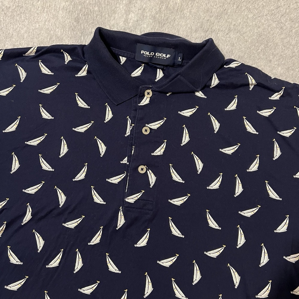 Polo Golf Shirt Mens Large Navy AOP Sailboat Preppy Necessity Sailing Nautical